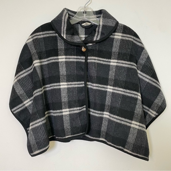 Wool blend plaid tartan checkered cropped poncho shawl jacket topper S - Picture 6 of 17